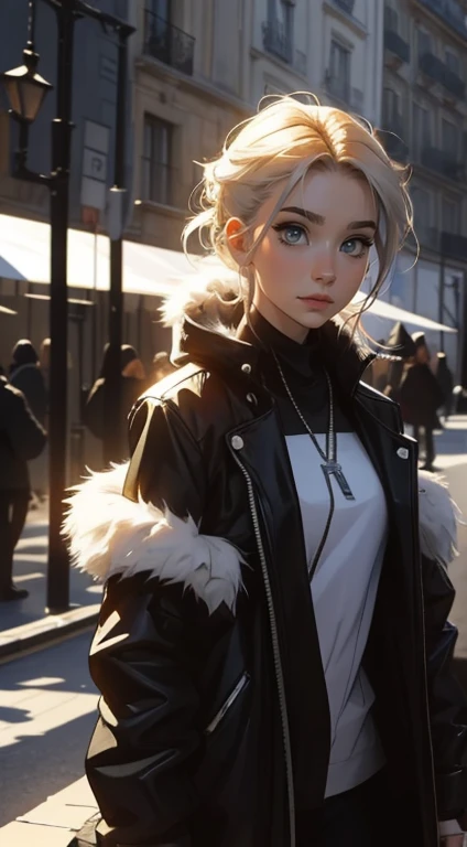 air térrifiée, massacre, guerre, mort, Post apocalyptique, conflit futurist, morts et sang arme à feux 💀 au alentours, nuit resplendissante, Paysage resplendissant, 🍃, Une belle fille avec, HD Portrait, (High quality) (ultra details) Regarder le spectateur en tenue de ville de style hip-hop; different, colourfull, cheveux blancs