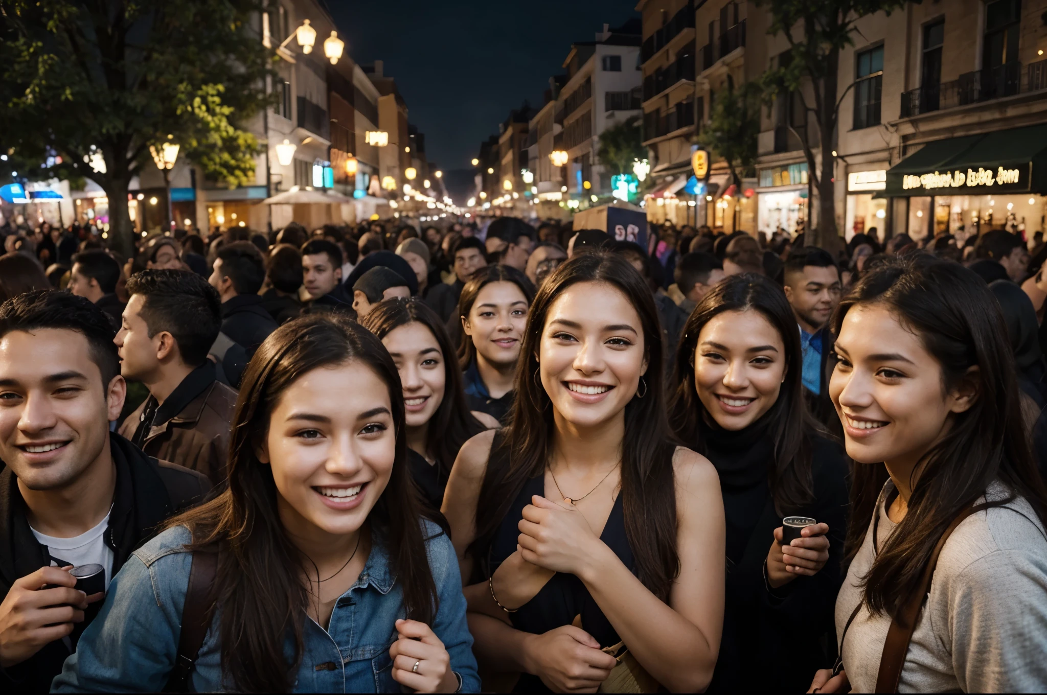 photo of a crowd of people outdoors with high definition, well lit, with perfect details expressing happiness.
