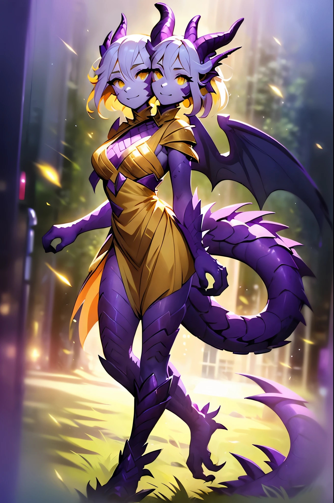 (2heads:1.2), 1girl, highly detailed, glowing purple eyes, (spiky short yellow hair:1.1), demure ornate yellow dress, masterpiece, purple scales, lots of purple scales on face, (orange dragon wings:1.1), medium chest, (yellow dragon horns:1.1), slender clawed hands, grassy field, daytime, slender, weredragon, masterpiece, absurdres, high quality, smiling, running