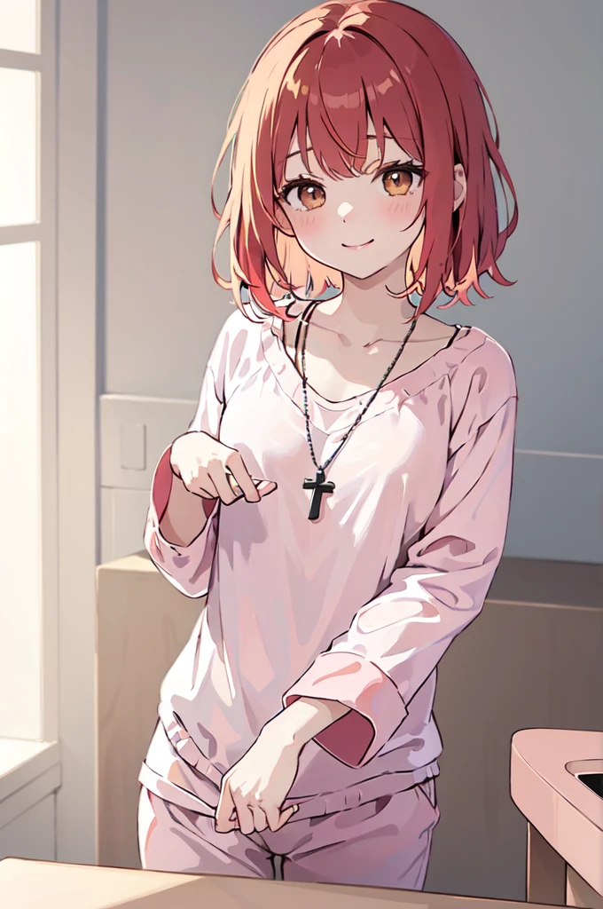 (masterpiece), (best quality), (ultra detailed),(disheveled hair),(illustration), (1woman), ((sexy pijama clothing)(colorful clothing)), sleeping, Fashion model, looking at viewer, (interview), (casual background),beautiful brown eyes, delicate beautiful face, ,(high saturation),(colorful splashes),(shining), kamisato ayaka, red hair, bangs, short hair, (shining), best lighting, best shadow. catholic cross necklace. smiling sexy. blush