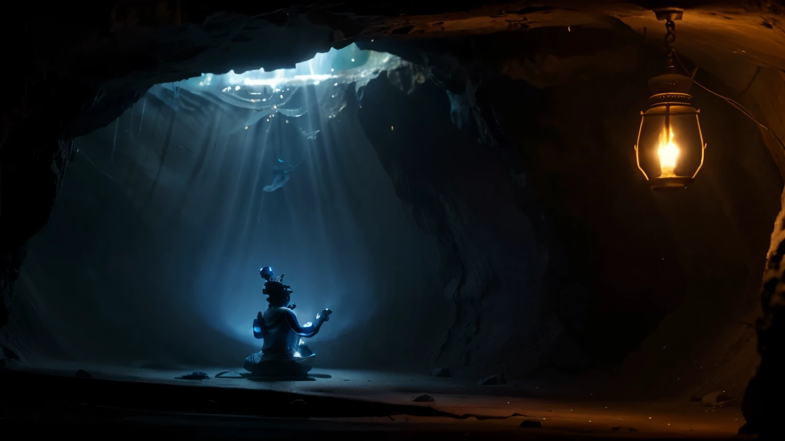 in cave ,The blue Genie explained that he had been imprisoned in the lamp for thousands of years and would grant Aladdin three wishes