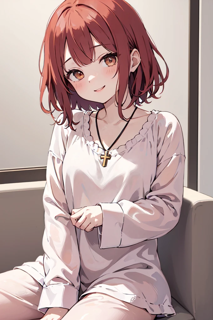 (masterpiece), (best quality), (ultra detailed),(disheveled hair),(illustration), (1woman), ((sexy pijama clothing)(babydoll)), sleeping, Fashion model, looking at viewer, (interview), (casual background),beautiful brown eyes, delicate beautiful face, ,(high saturation),(colorful splashes),(shining), kamisato ayaka, red hair, bangs, short hair, (shining), best lighting, best shadow. catholic cross necklace. smiling sexy. blush