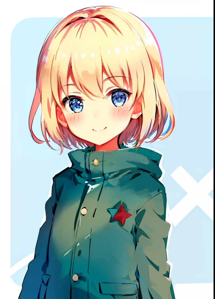 beautiful, masterpiece, highest quality, 1 girl, headband, cute,  (lovely), a cute girl, blonde hair, blue eyes, blush, smile, girls und panzer, looking at the viewer, Medama hiking, short hair, Upper body, piece sign, raincoat