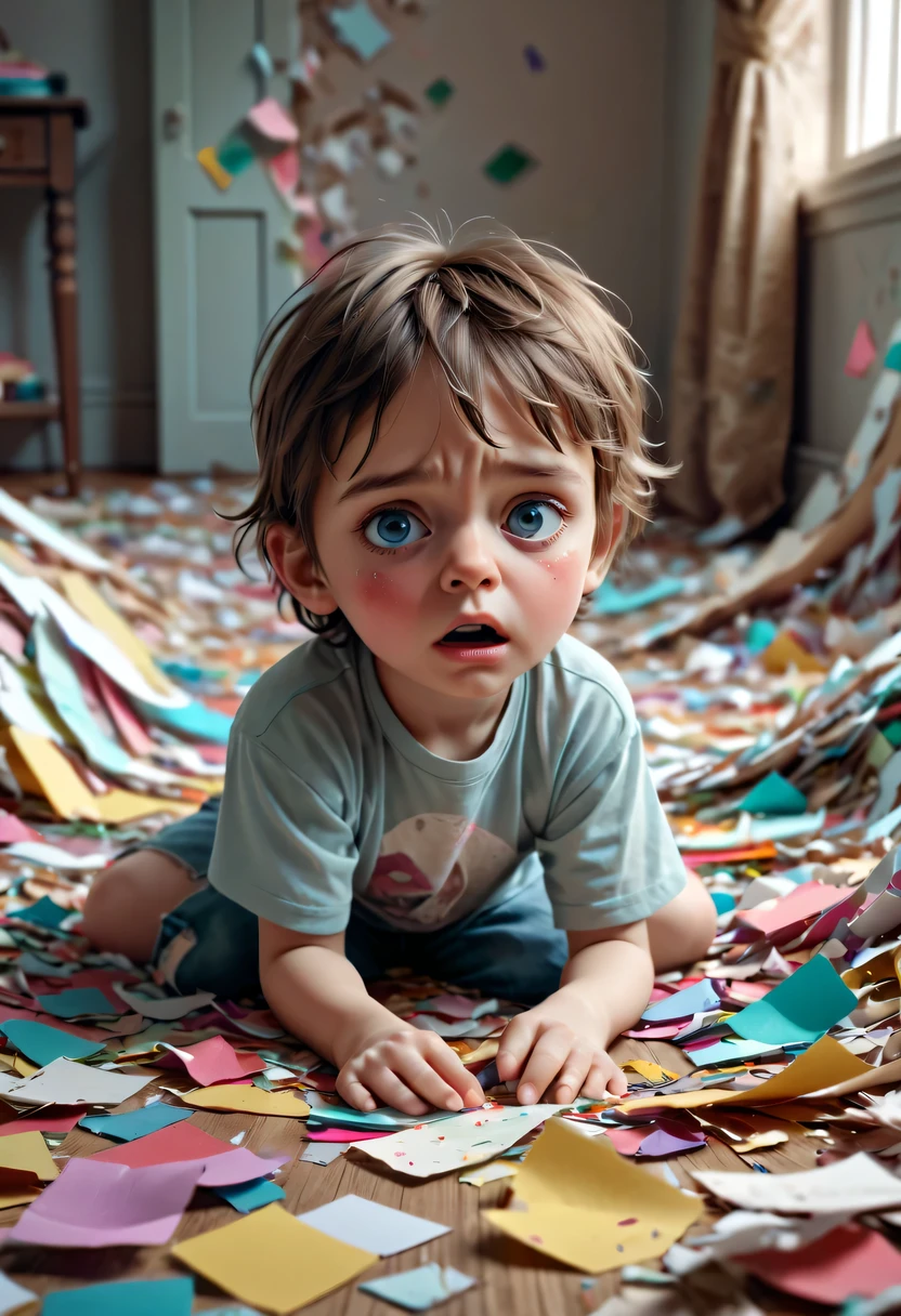in a nice bedroom, a distressed  is surrounded by torn paper shreds, scattered Colored confetti are scattered on the floor, And the child&#39;s expression is even more pitiful, like a child who made a mistake. (best quality,4K,8k,high resolution,masterpiece:1.2),Super detailed,(actual,photoactual,photo-actual:1.37),illustration,Shredded paper,fragile emotions,[torn paper],[Colored confetti],[distressed child],[scattered confetti],[Pitiful expression],soft light,Clean and vibrant colors.