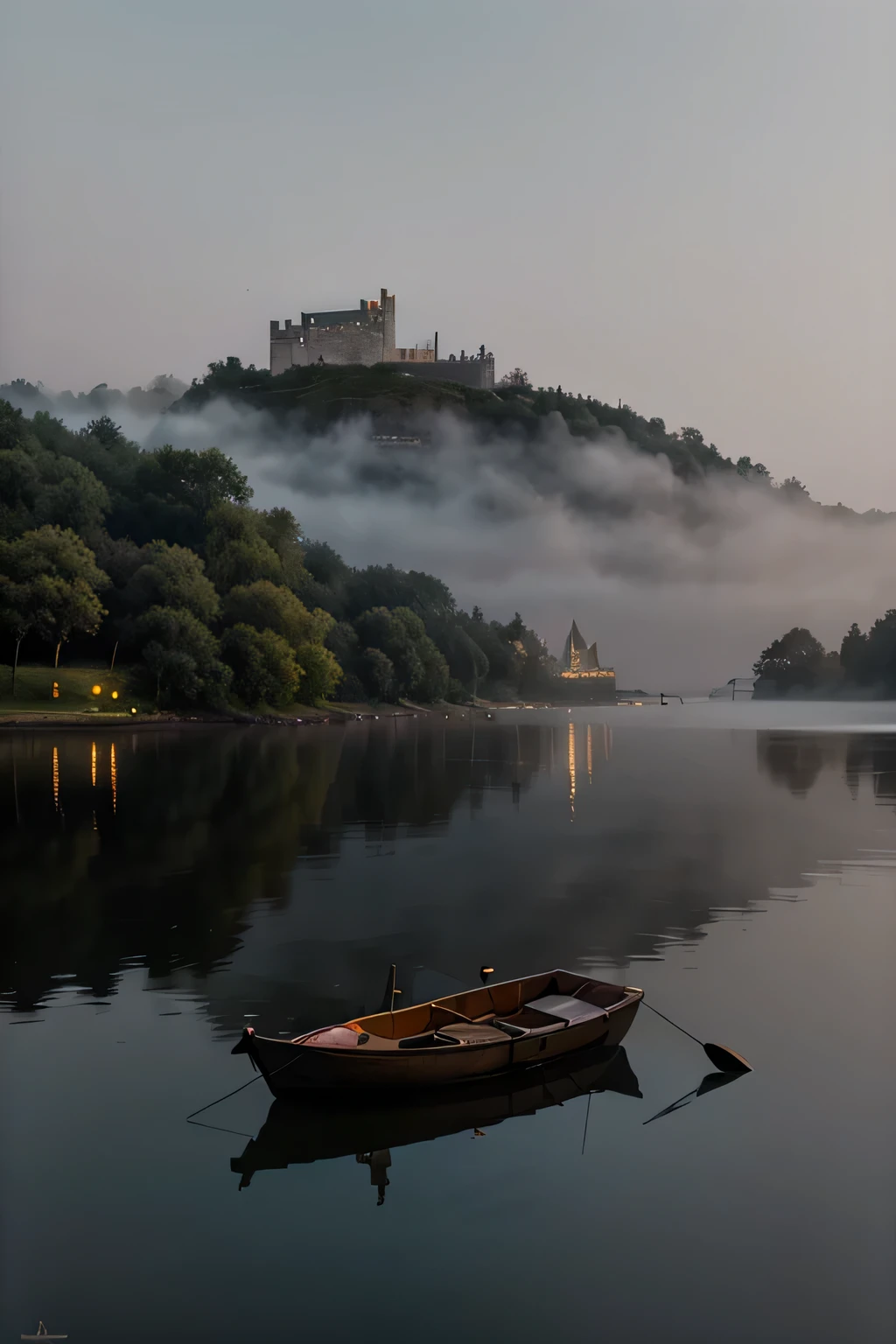 A painting of a foggy night over a body of water with a boat and castle in the distance.
