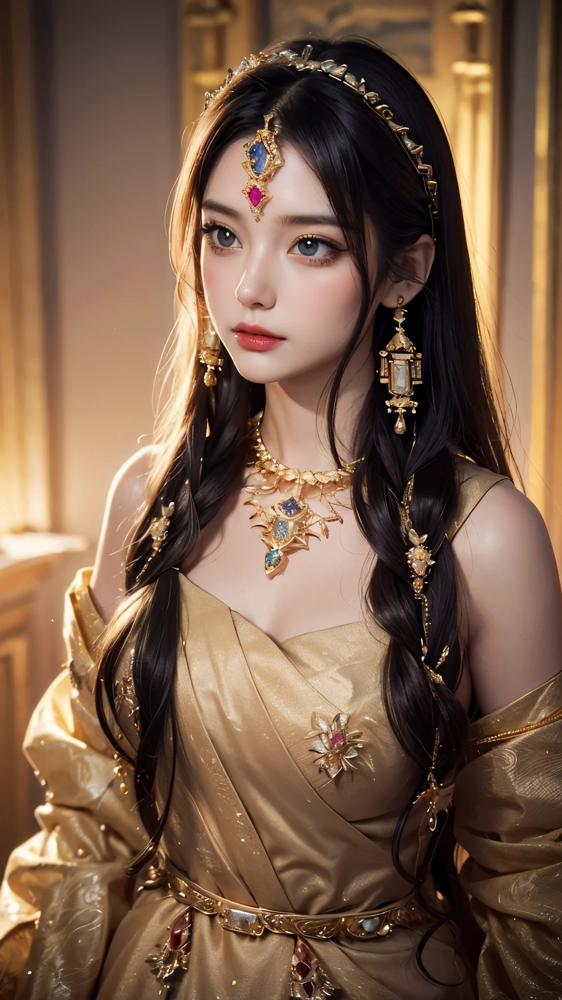 8K, ultra HD, masterpiece, realistic, 1 girl, good face, happy, smoggy makeup, very long hair, princess hairstyle, detailed eyes, detailed lips, medium figure, very detailed dress, golden dress, (jewelry:1.8), princess castle, bloom lighting, night lighting, darkness,