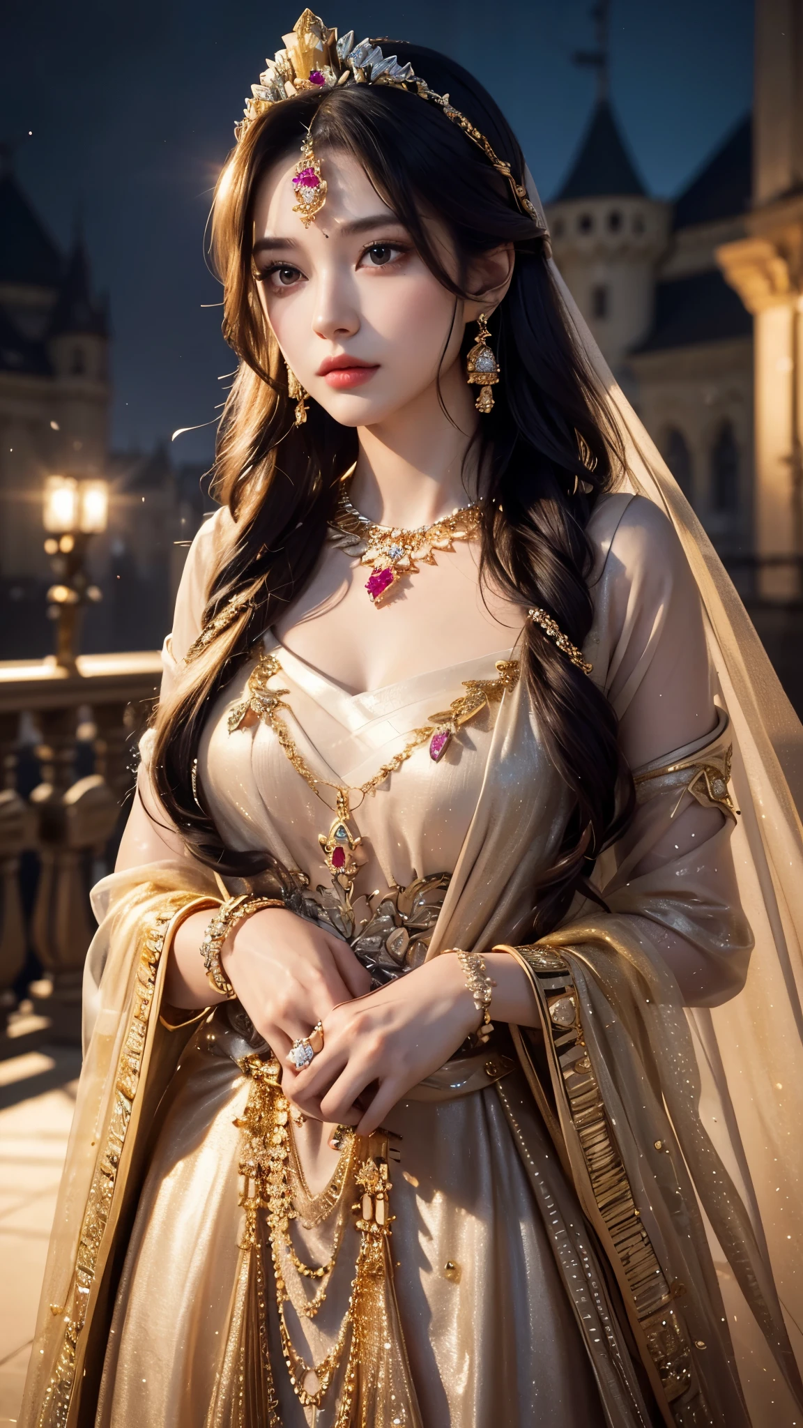 8K, ultra HD, masterpiece, realistic, 1 girl, good face, happy, smoggy makeup, very long hair, princess hairstyle, detailed eyes, detailed lips, medium figure, very detailed dress, golden dress, (jewelry:1.8), princess castle, bloom lighting, night lighting, darkness,