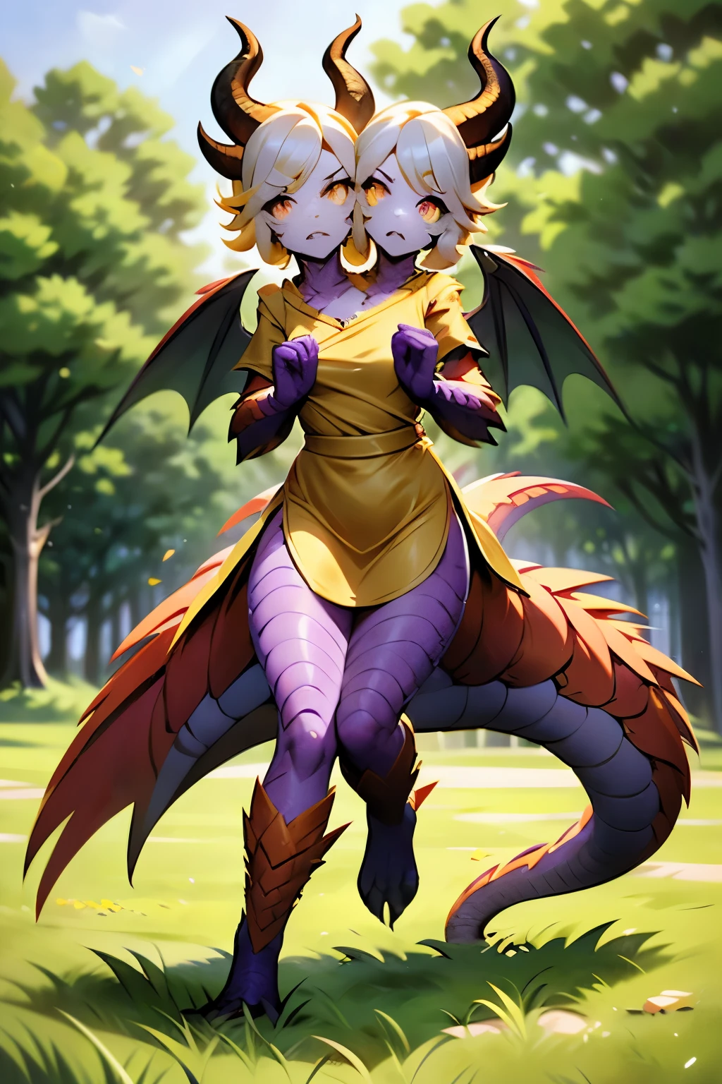 (2heads:1.2), 1girl, highly detailed, glowing purple eyes, medium length yellow hair, demure ornate yellow dress, masterpiece, purple scales, lots of purple scales on face, (orange dragon wings:1.1), medium chest, (yellow dragon horns:1.2), clawed hands, grassy field, daytime, slender, weredragon, masterpiece, absurdres, high quality, running, determined face