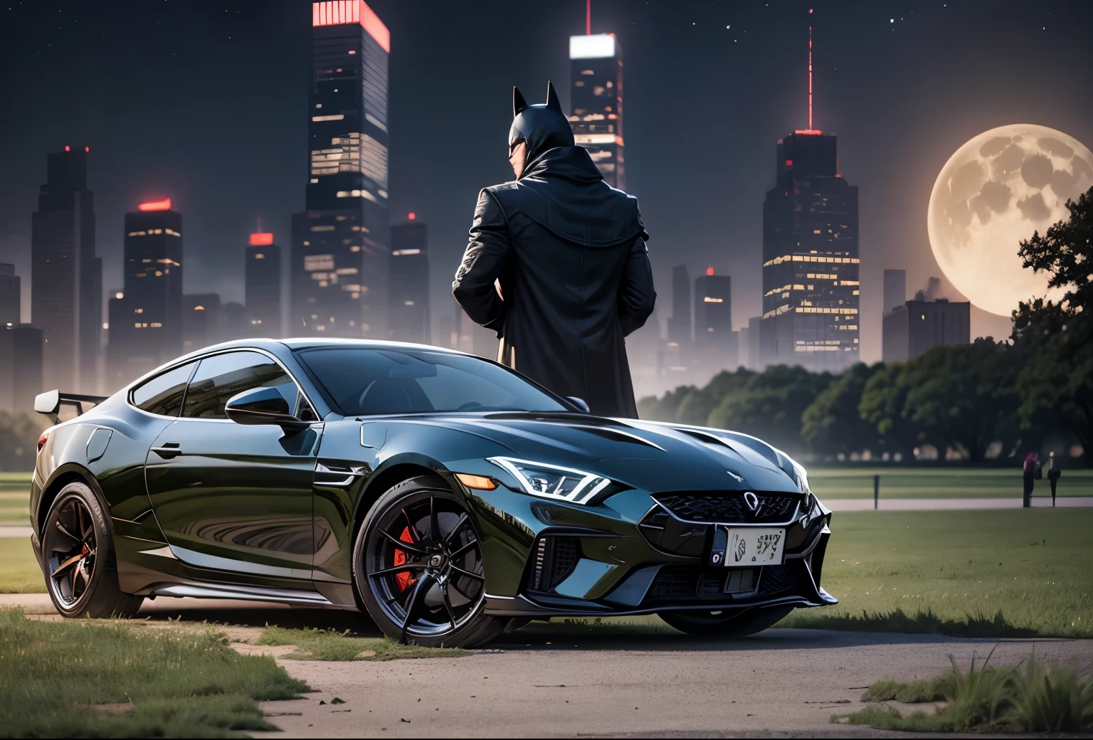 A Batman car parked in the foreground in the grass of Central Park behind there are a lot of trees and in the background the buildings of a grea city with all the lights on. the sky is a dark and the moon with the Bat signal projected on it