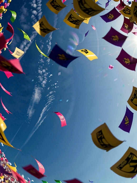(best quality,4k,8k,highres,masterpiece:1.2),ultra-detailed,(realistic,photorealistic,photo-realistic:1.37), colorful confetti, flying in the sky, dynamic, vibrant colors, natural lighting, festive atmosphere, joyful celebration, party, cheerful, playful vibes, happy people, sunlit, blue sky, sunny day, scattered confetti, motion blur, floating confetti, multicolored, vivid shades, movement in the air, Colored confetti:1.5，Colored confetti flying in the sky，Floating confetti fills the sky
