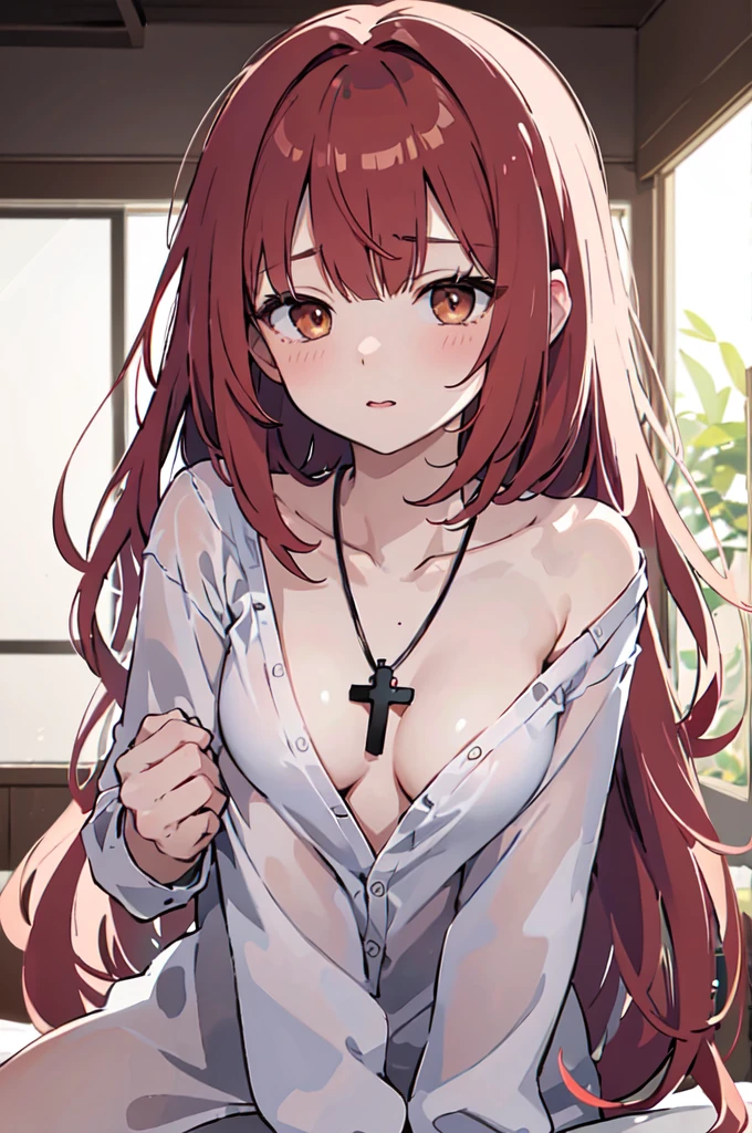 (masterpiece), (best quality), (ultra detailed),(disheveled hair),(illustration), (1woman), (naked hentai), sleeping, Fashion model, looking at viewer, (interview), (casual background),beautiful brown eyes, delicate beautiful face, ,(high saturation),(colorful splashes),(shining), kamisato ayaka, red hair, bangs, short hair, (shining), best lighting, best shadow. catholic cross necklace. sexy. blush. hentai (unclothed) (no clothes)