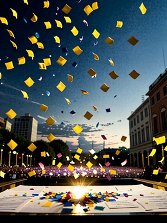 Colored confetti:1.5,Colored confetti flying in the sky,Floating confetti fills the sky,Confetti scattered on the stage,in scraps of paper,hyper detailed masterpiece, Dynamic, good quality, daylight, non human