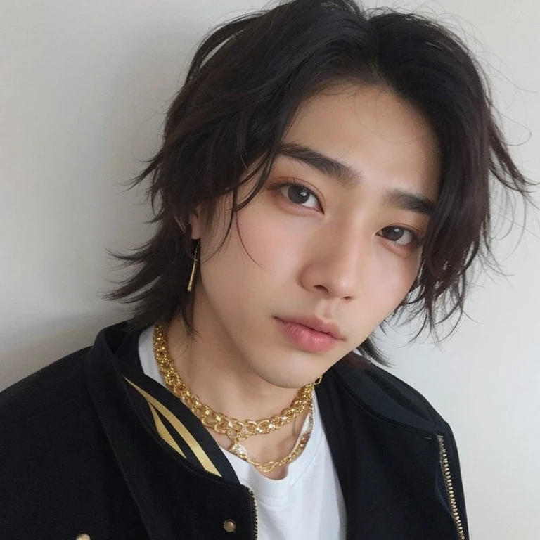 un primer plano de una persona que llevaba una chaqueta negra y un collar de oro, Jinyoung Shin, cai xukun, Jung Jaehyun, hyung tae, hong junio hyung, hsiao-ron, handsome japanese demon boy, beautiful androgynous prince, hyung tae kim, taken in the early 2020s, steven jung, delicate androgynous prince