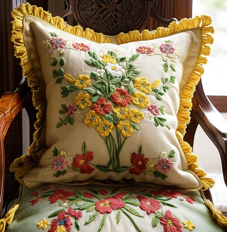 there is a pillow with a flower on it sitting on a chair, a cross stitch by Nagasawa Rosetsu, pinterest, baroque, floral embroidery, with yellow flowers around it, some sandy yellow pillows, with intricate details, flower motif, with intricate detail, fabric embroidery, beautifully detailed, cushions, crochet, very beautiful and elegant, beutiful!, soft and intricate