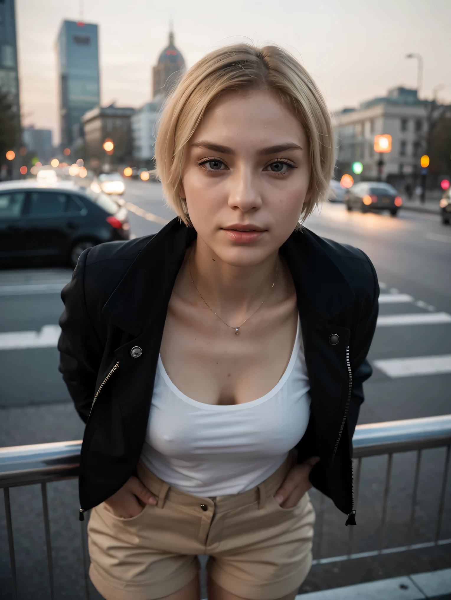 Photo of 18-year-old Russian girls, Raw, a handsome female, (short blonde hair), ((Portrait)), ((Detailed Face:1.2)), ((Detailed facial features)), (finely detailed skin), pale skin, London Ferris Wheel、short pants、Sexual(cool color), humid, humid, Reflectors, (masutepiece) (Perfectly proportioned)(Realistic photos)(beste-Qualit) (Detailed) photographed on a Canon EOS R5, 50mm lens, f/2.8, NFFSV, (8K) (wallpapers) (电影灯光) (dramatic lighting) (Sharp focus) (sinuous) moda, From directly above, with jacket and cap on the head