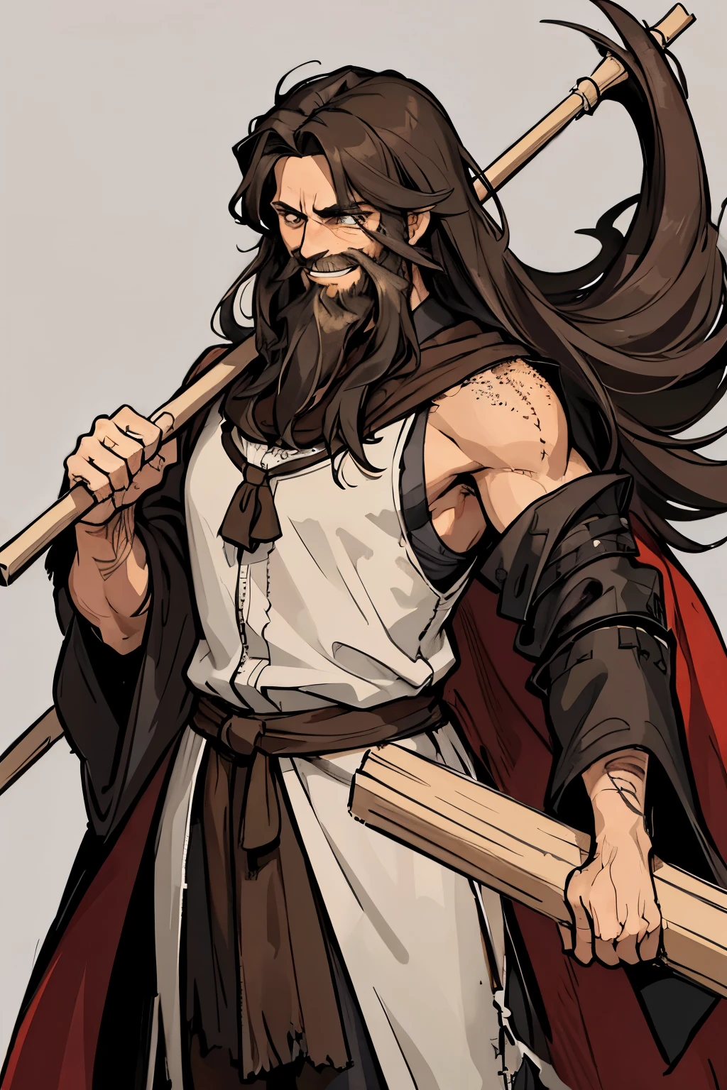1man,tattered clothing, dirty clothes, brown robes,black hair, brown eyes,sleeveless medieval robes,burly,long hair, short beard, holding stick,scared expression, diluted pupils, freckles,muscular,grinning