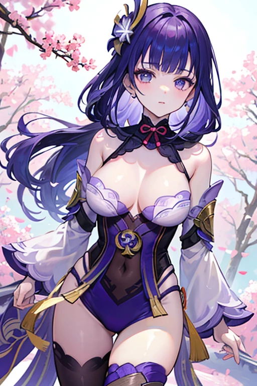 cheerfulness, Bared legs, japanese temples, (Highest quality，Masterpiece，8k wallpaper:1.2)，((Pale skin))，1girll，Solo Woman，((Genshin_impact，Raiden general))，Lightning particles，Purple thunderbolt，Bright background，the cherry trees，purple color-theme，Delicate facial features，Sexy beautiful anime girl，Raiden general，Long purple hair，rosy lips，Anime mouth，Keep one's mouth shut，A sexy mature woman，(Severely melancholy face)，Detailed eyes，busty figure，