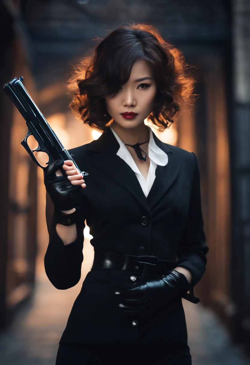 A Japanese girl in a black suit holding a gun with both hands in black leather gloves