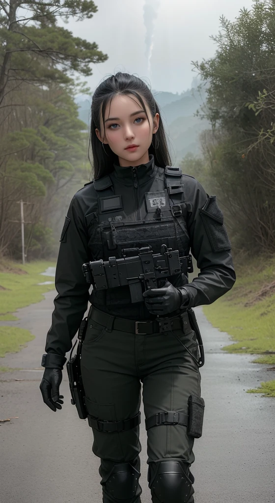 ((best quality)), ((masterpiece)), (detailed), beautiful lighting, best quality, realistic, full body portrait, real picture, intricate details, depth of field, 1girl, A very muscular solider girl with long haircut, around 20 years old wearing a black uniform holding a gun in the hallway, wearing black Swat tactical gear, photography of a techwear woman, dressed in black Swat tactical armor, black Swat tactical gear, Tactical vest and holster, Beautiful Female Soldier, Holding a rifle, closeup portrait shot, Have an MP7, holding rifle, special forces security, airsoft cqb, highly-detailed, perfect face, blue eyes, lips, wide hips, small waist, tall, make up, Fujifilm XT3, outdoors, bright day, Beautiful lighting, RAW photo, 8k UHD, film grain, ((bokeh)) (((Walking along a stream in a jungle, Fires, Smoke, debris, Camo netting, Ammo Boxes, Rain, Stormy, Wet, abstract beauty, near perfection, burning scene in the background, the forest is on fire, Mushroom Cloud, winner of the year's best photo, the world on fire, post-apocalyptic hellscape military photography, photo epic of the year, fire on the horizon, epic cinematic shot, pure form, intricate detail, 8k post-production, High resolution, super Detail, trending on ArtStation, sharp focus, studio photos, intricate detail, Very detailed,