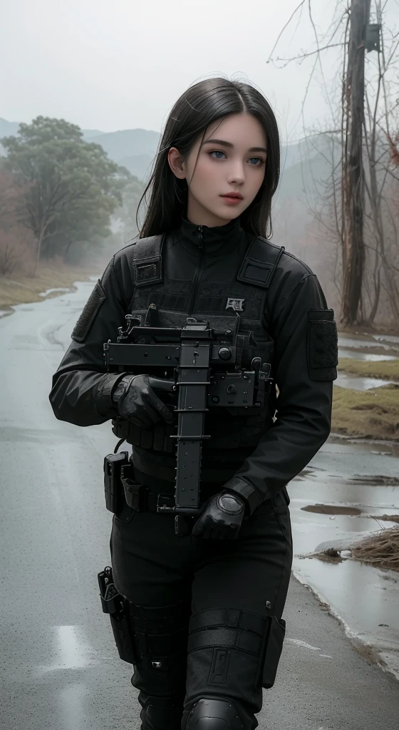 ((best quality)), ((masterpiece)), (detailed), beautiful lighting, best quality, realistic, full body portrait, real picture, intricate details, depth of field, 1girl, A very muscular solider girl with long haircut, around 20 years old wearing a black uniform holding a gun in the hallway, wearing black Swat tactical gear, photography of a techwear woman, dressed in black Swat tactical armor, black Swat tactical gear, Tactical vest and holster, Beautiful Female Soldier, Holding a rifle, closeup portrait shot, Have an MP7, holding rifle, special forces security, airsoft cqb, highly-detailed, perfect face, blue eyes, lips, wide hips, small waist, tall, make up, Fujifilm XT3, outdoors, bright day, Beautiful lighting, RAW photo, 8k UHD, film grain, ((bokeh)) (((Walking along a stream in a jungle, Fires, Smoke, debris, Camo netting, Ammo Boxes, Rain, Stormy, Wet, abstract beauty, near perfection, burning scene in the background, the forest is on fire, Mushroom Cloud, winner of the year's best photo, the world on fire, post-apocalyptic hellscape military photography, photo epic of the year, fire on the horizon, epic cinematic shot, pure form, intricate detail, 8k post-production, High resolution, super Detail, trending on ArtStation, sharp focus, studio photos, intricate detail, Very detailed,