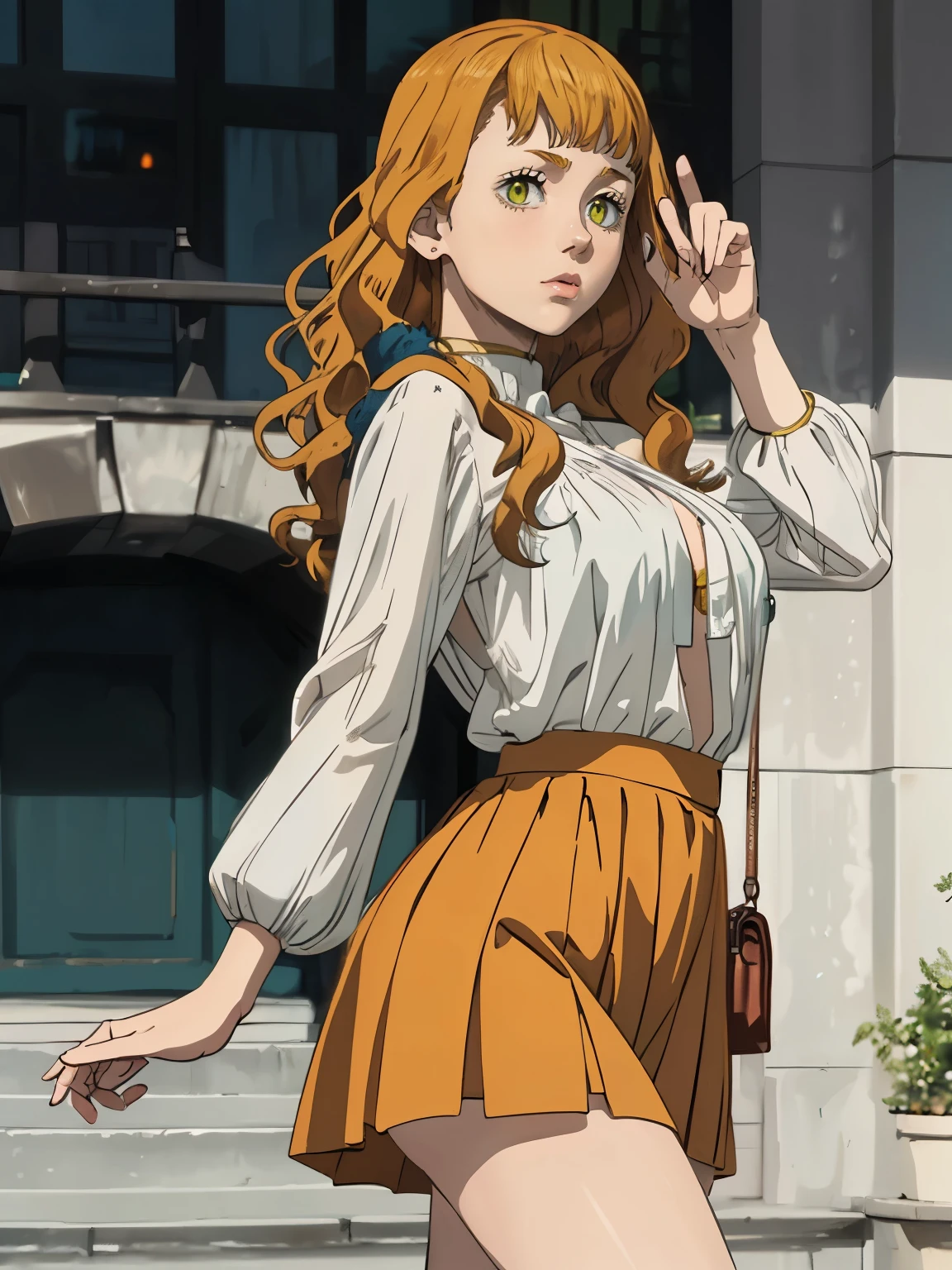 ((masterpiece)), (best quality),, official art, extremely detailed CG unity 8k wallpaper, highly detailed, shiny skin, Depth of field, vivid color,, 1girl, (curvy:1.0), (full body:0.8), girl wearing skirt or dress, sexy , portrait sophie mudd, casual pose, gorgeous young model, cute young woman, a beautiful -aged girl, very pretty model, young , cute young girl, beautiful young girl, beautiful model, long orange hair, light hair, shiny hair, young and cute girl, girl, Mimosa, Black Clover, Mimosa anime, anime, looking at me, wild pose, sexy pose, 18+