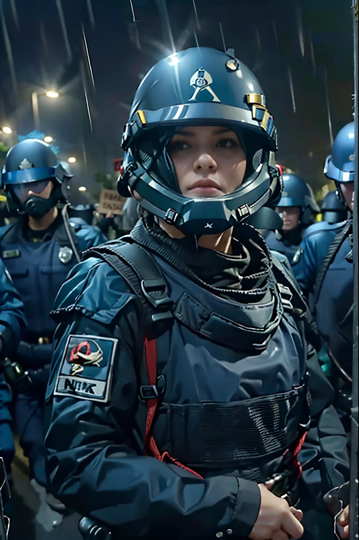 (high definition, 4k, cinematic), (realistic), 1girl, military, wearing shock trooper uniform, wearing a ((blue NATO helmet)), face exposed, standing (facing viewer), bearing a police square shield resting on the ground. ((Surrounded by protesters)). Night, urban scenario, rain, protests taking place, ((protesters in the foreground)), smoky ambience.