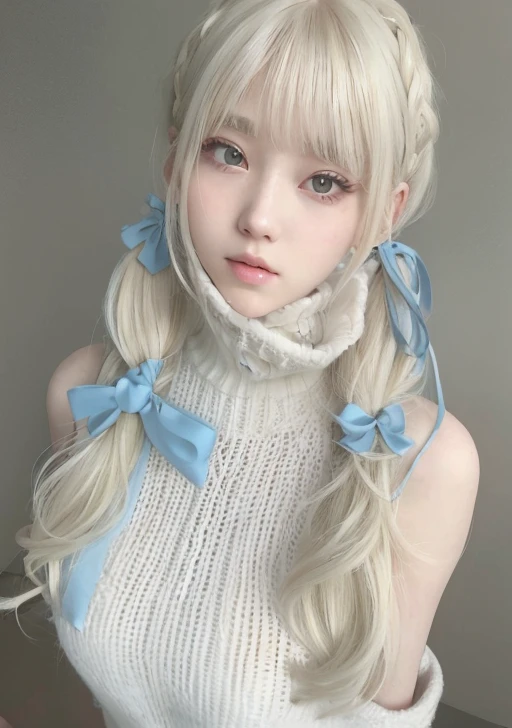 Close-up of a woman with long blonde hair wearing a white jacket, White hem haircut, pigtails hairstyle, Twintels hairstyle, anime girl cosplay, Long white hair and bangs, White ponytail hair, Blonde hair with pigtails, Realistic young anime girl, Anime girl in real life, Kawaii hairstyle, With long white hair, ulzzang