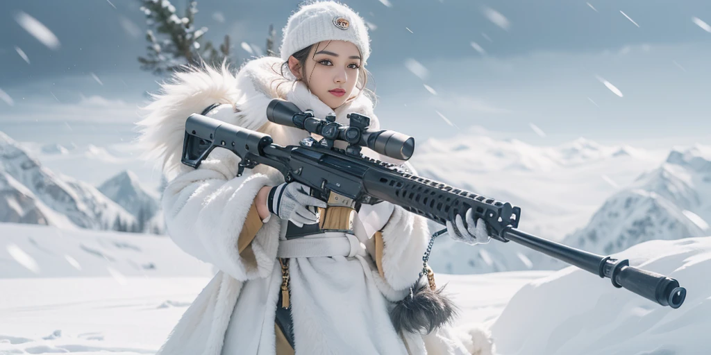 Beauty holding a sniper rifle on the snow aiming in a snow-white military uniform