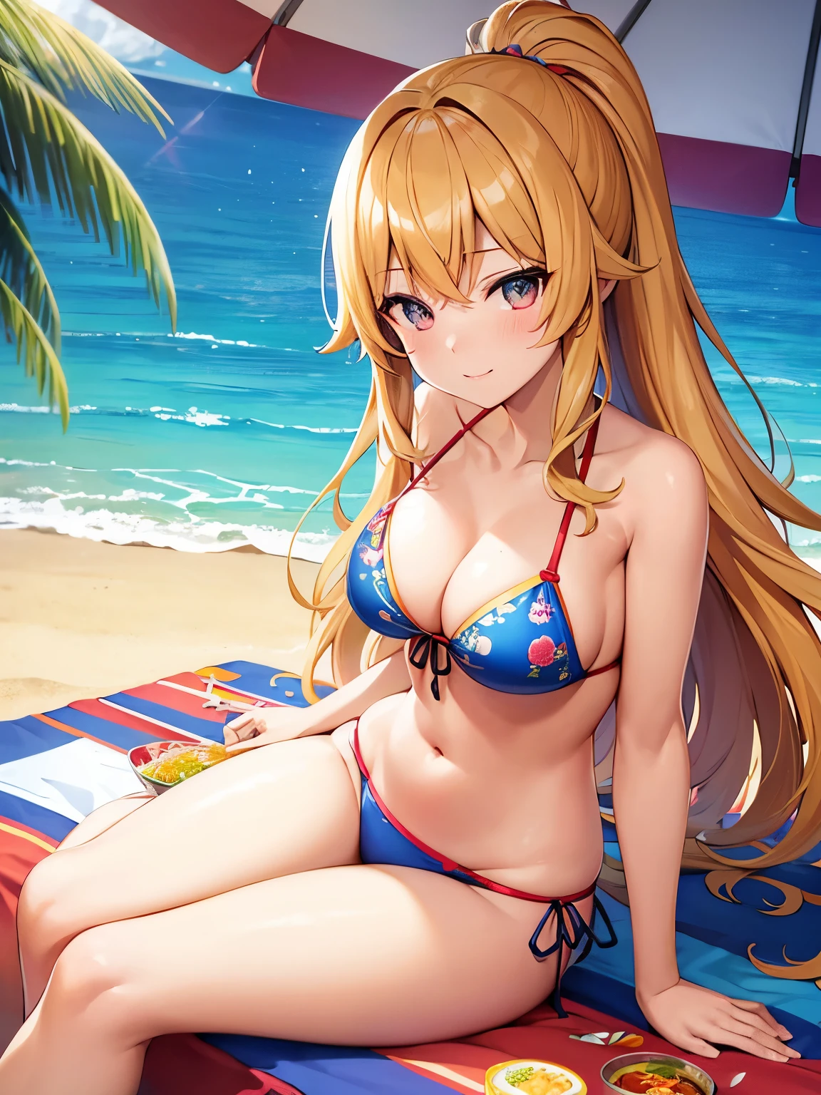 Envision an anime girl with sun-kissed golden hair styled in playful beachy waves, adorned with traditional Korean chopstick hairpins. Her bikini, a lively mix of vibrant colors inspired by bibimbap ingredients, features a playful arrangement of patterns. Posing on a beachside picnic blanket with colorful parasols, she sits surrounded by Korean snacks. The bikini has bibimbap-inspired details, and her expression is one of playful excitement, capturing the joy of a Bibimbap Beach Feast.