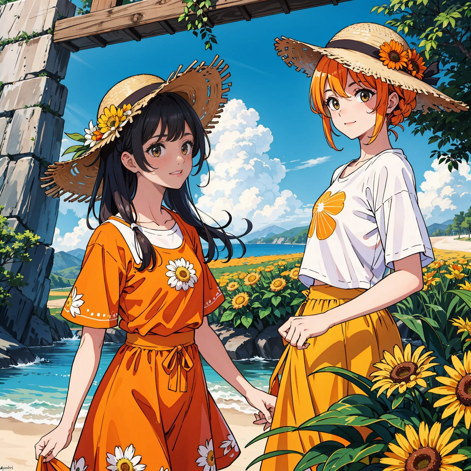 (melhor qualidade, obra de arte),ensolarado，Lente larga，(Cabelo castanho longo)， bonita animada com cabelo castanho longo，with a straw hat，Um grande sorriso，Vestindo uma grande camiseta laranja，Holding an orange chrysanthemum flower，There are many orange flowers around，Cheio de laranja