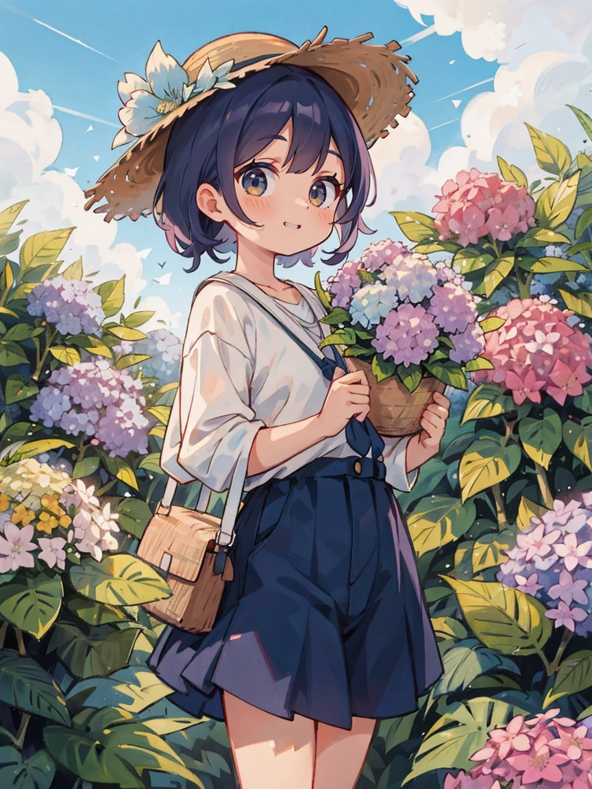 (melhor qualidade, obra de arte),ensolarado，Lente larga，(Cabelo castanho longo)， bonita animada com cabelo castanho longo，with a straw hat，Um grande sorriso，vestindo uma camiseta laranja，Holding a bouquet of hydrangeas，There are a lot of hydrangeas around，Full of hydrangeas，colorida