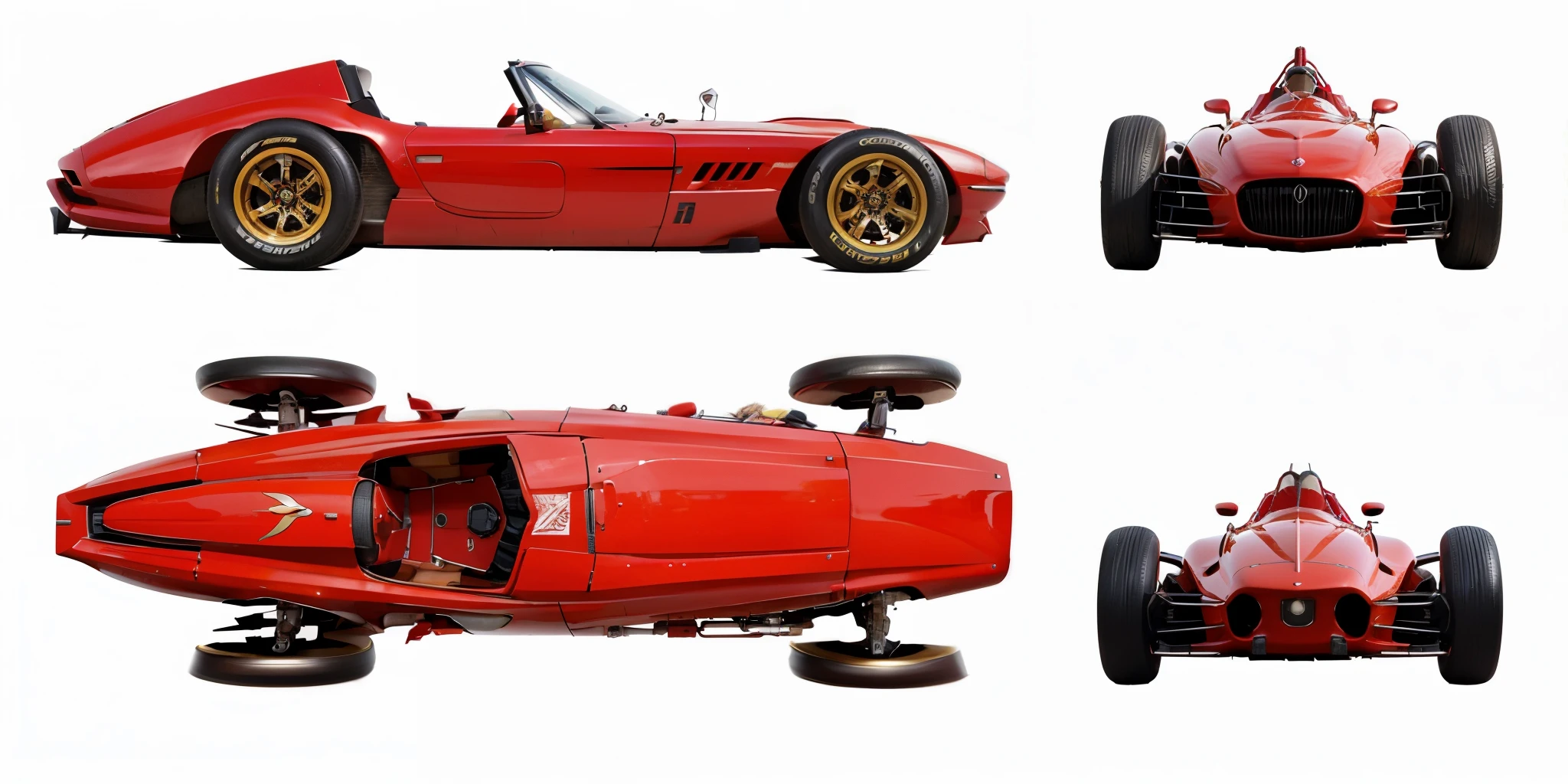a close up of a red carro de corrida with four different views, inspirado em Francesco Filippini, carro de corrida, por Alfredo Volpi, inspirado em Bernardo Cavallino, por Leo Goetz, carro vermelho, inspirado em Otto Eckmann, intrincado carro de corrida detalhado, red mechanical body, Direction: Hans Fischer, Rendering, maca, carro de corrida, Rali de Theodore