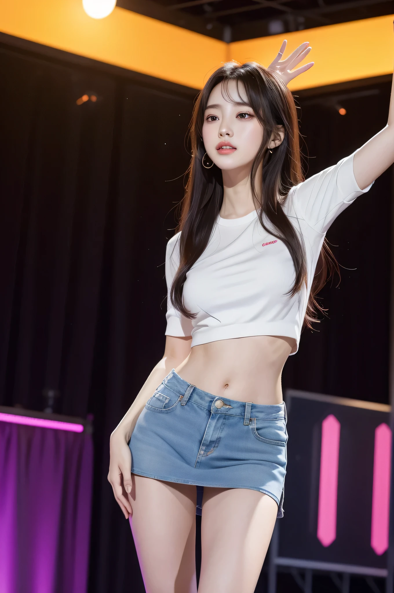 (걸작,최고의 품질,초고해상도,photo현실적,현실적,RAW 사진,실제 사람,사진),
(놀라운,세세하게,매우 섬세하고 아름다운,날카로운 초점),
여자 1명,홀로,진짜 얼굴, 아름다운 얼굴, 절묘한 얼굴, A woman in her early 20s. A beautiful woman with long straight hair and a slim body. The protagonist came to a nightclub with her friends.. She was having a good time, drinking and listening to music.. Meanwhile, she saw a girl dancing on the stage. The woman was dancing wildly, waving her long hair. Her dance was truly beautiful, and her body was fascinating. miniskirt