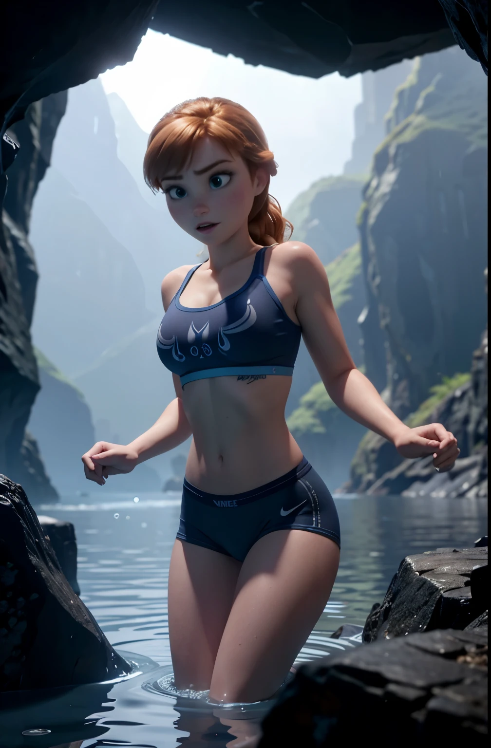Photo of Anna of Arendelle wearing Blue gym outfit, immobilized in the air by tentacles, in a scary flooded cavern , not enjoying herself, sad look, ashamed, nike white bra, nike pro shorts, big breasts