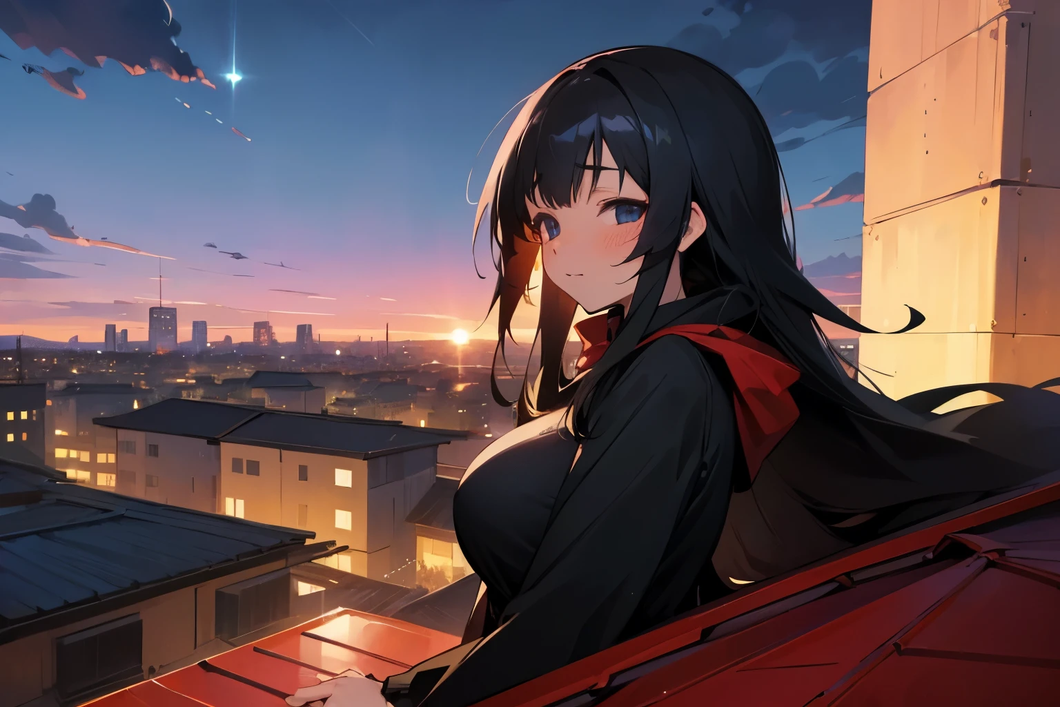 ((Great Quality)), (Detailed), Anime girl, 1 girl, long black hair, wearing oversize pullover, medium big breasts, looking at distance, looking away from viewer, sitting on a rooftop, high res, ultra sharp, 8k, masterpiece, ambient, lofi, beautiful sky background, view from side, nighttime