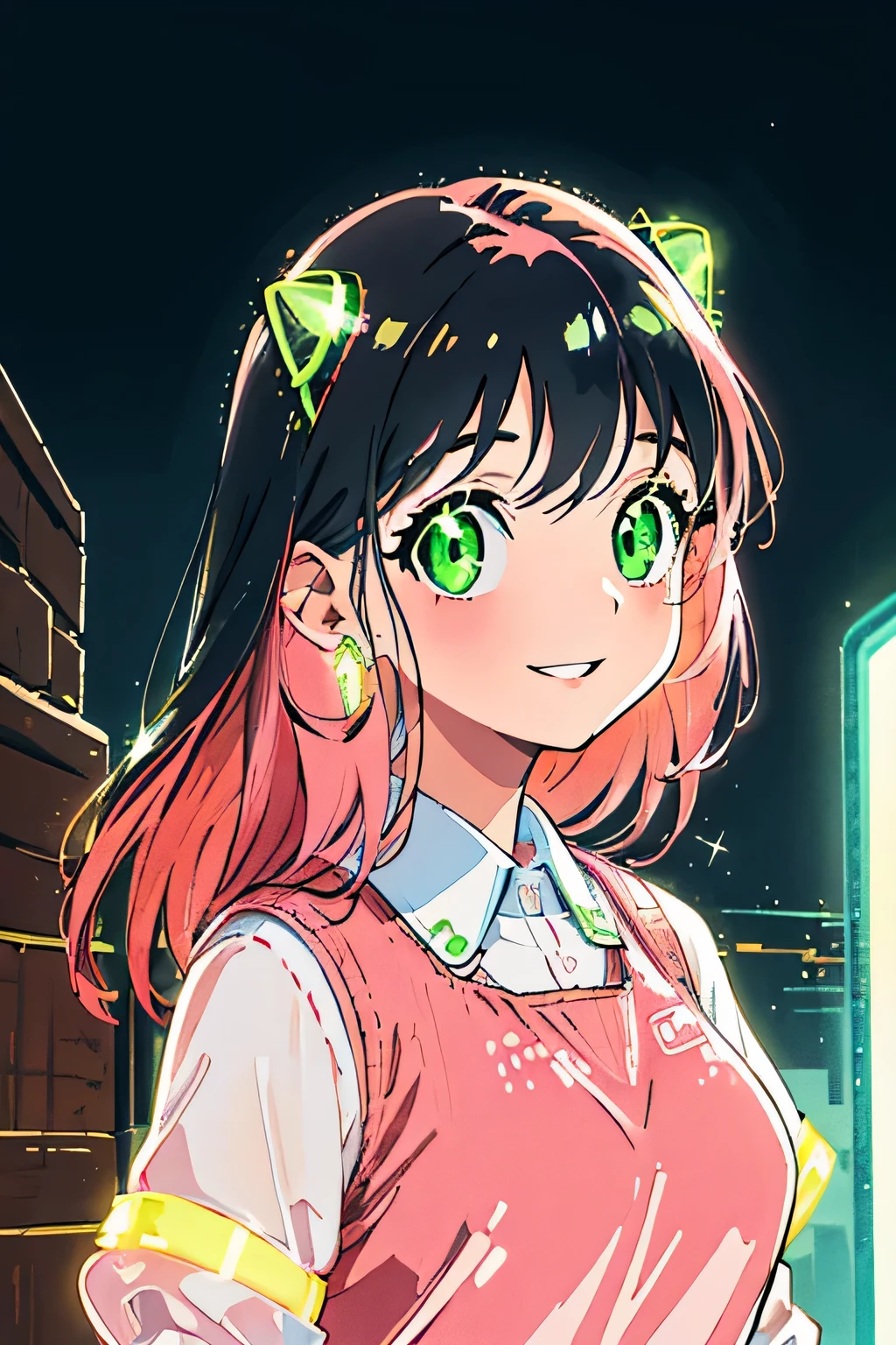 (highres, best quality:1.2), 1girl, 1girl, sparkling eyes, radiance, soft contours, beautiful drawing, upper body, concept art, neon light, eyelashes, long black hair, Anya Forger, green eyes, smile, summer city, casual wear, Pink Hair