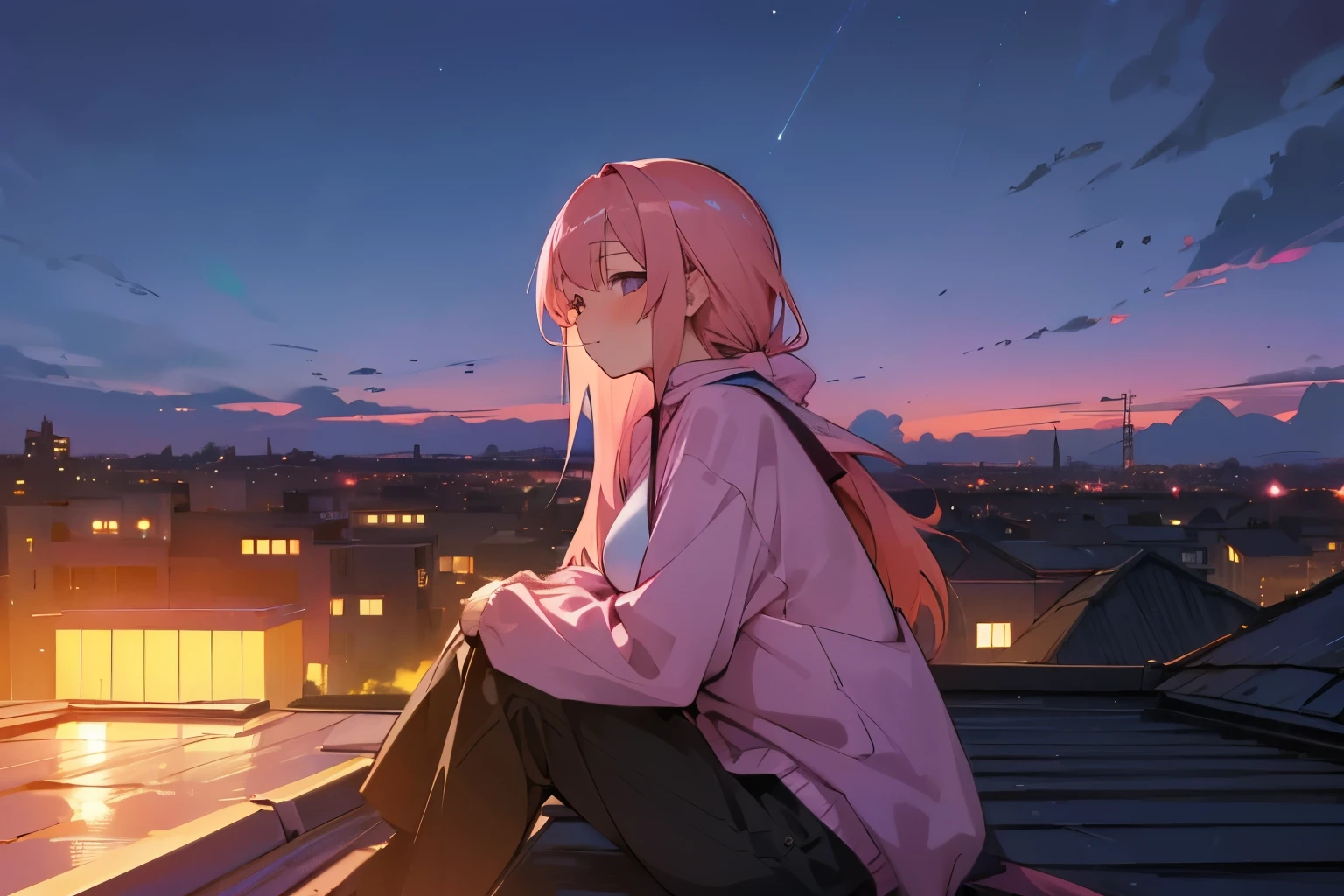 ((Great Quality)), (Detailed), Anime girl, 1 girl, long pink hair, wearing oversize pullover, medium big breasts, looking at distance, looking away from viewer, sitting on a rooftop, high res, ultra sharp, 8k, masterpiece, ambient, lofi, beautiful sky background, view from side, nighttime, midnight