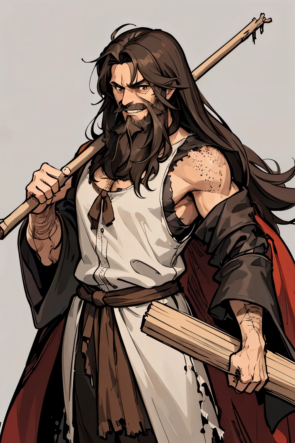 1man,tattered clothing, dirty clothes, brown robes,black hair, brown eyes,sleeveless medieval robes,burly,long hair, short beard, holding stick,scared expression, diluted pupils, freckles,muscular,grinning