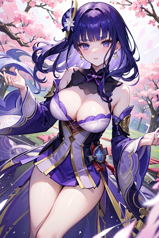 cheerfulness, Bared legs, japanese temples, (Highest quality,Masterpiece,8k wallpaper:1.2),((Pale skin)),1girll,Solo Woman,((Genshin_impact,Raiden general)),Lightning particles,Purple thunderbolt,Bright background,the cherry trees,purple color-theme,Delicate facial features,Sexy beautiful anime girl,Raiden general,Long purple hair,rosy lips,Anime mouth,Keep one's mouth shut,A sexy mature woman,(Severely melancholy face),Detailed eyes,busty figure