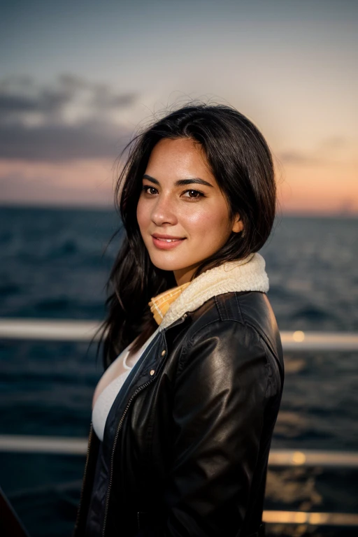 Realistic photo of a beautiful 0l1v14m woman,  round breasts, smile, black hair,  brown eyes, jacket, ocean, yacht, soft lighting, raw, sharp focus, 8k, HD, DSLR, high quality