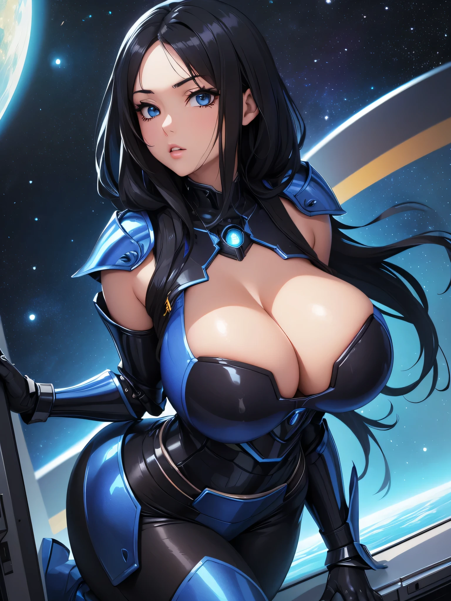 super high image, super detail, super high resolution, best quality, (full body image), ((anime)), (((masterpiece))), , (((single girl))), (18years old),(pretty face), (perfect body), (hourglass body shape), (high quality hands), ((glossy black hair)), (beautiful eyes), ((massive ???????:1.0)), (showing cleavage), (????), (((sci fi blue armor))), ???? expression, (((?????? pose))), (thin waist:1.1), (wide ????:1.2), (thick ???:1.0), ((in space ship))
