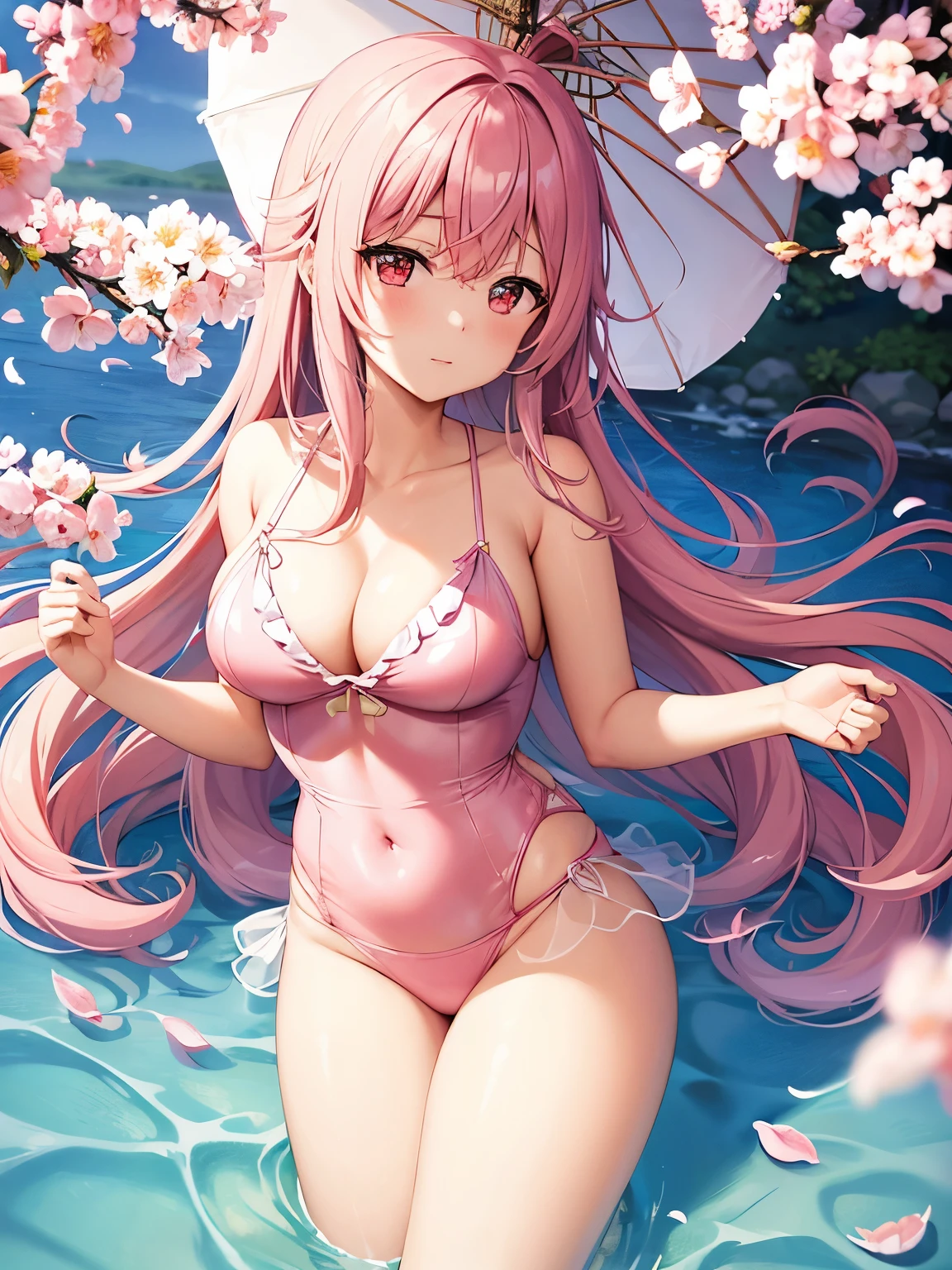 Envision an anime girl with soft, pastel-pink hair styled in loose curls, reminiscent of cherry blossom petals. Her latex swimsuit, a delicate blend of pink and white, captures the fleeting beauty of cherry blossoms. Posing in a serene cherry blossom garden, she stands with a parasol, surrounded by falling petals. The latex swimsuit has cherry blossom patterns, and her expression is one of tranquil daydreaming, embodying the charm of a Cherry Blossom Hanami Dreamer.