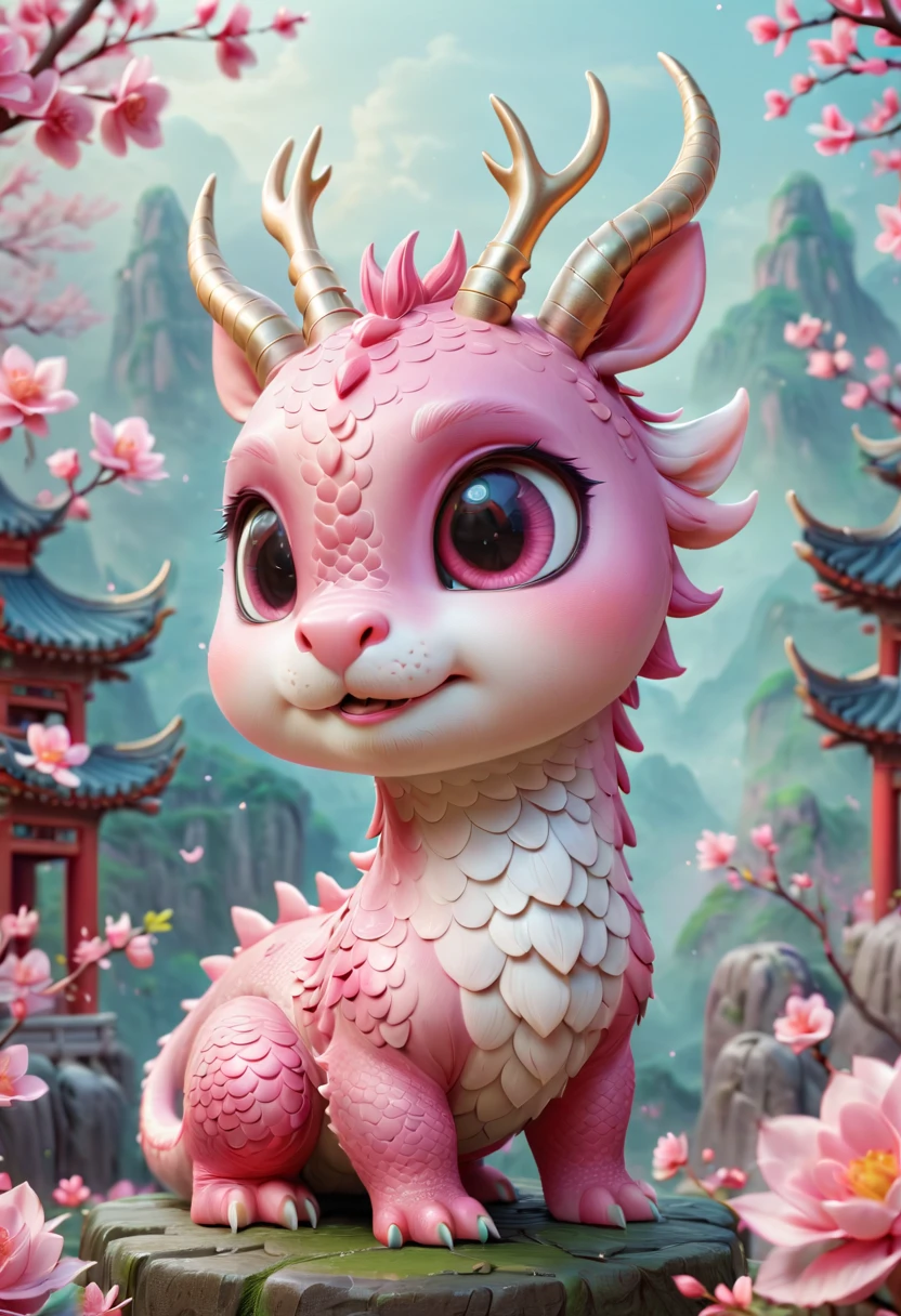Q version，Cute little dragon，Chinese style，pink space，festive atmosphere，Spring Festival，Lovely antlers，Chinese elements，Cartoon，Cute pet，Lively