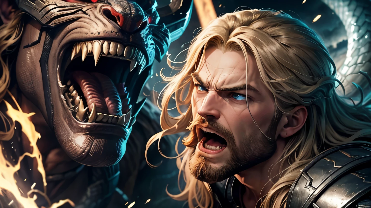 A close-up of Thor's face, contorted in a warrior's roar as he clashes with Jormungandr, the Midgard Serpent, their titanic struggle shaking the very foundations of the world.
