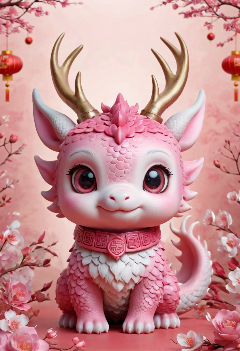 Q version，Cute little dragon，Chinese style，pink space，festive atmosphere，Spring Festival，Lovely antlers，Chinese elements，Cartoon，Cute pet，Lively
