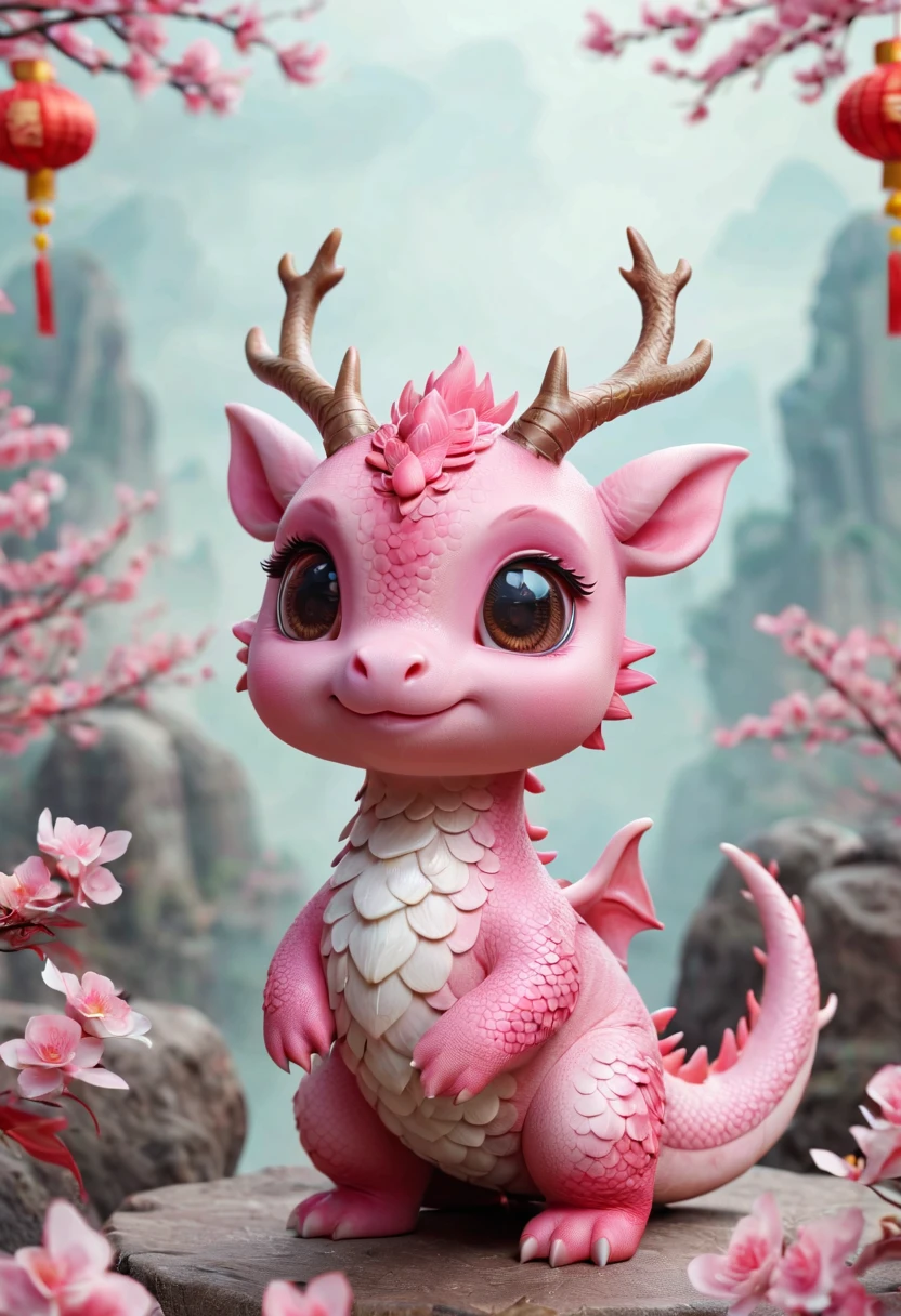 Q version,Cute little dragon,Chinese style,pink space,festive atmosphere,Spring Festival,Lovely antlers,Chinese elements,Cartoon,Cute pet,Lively