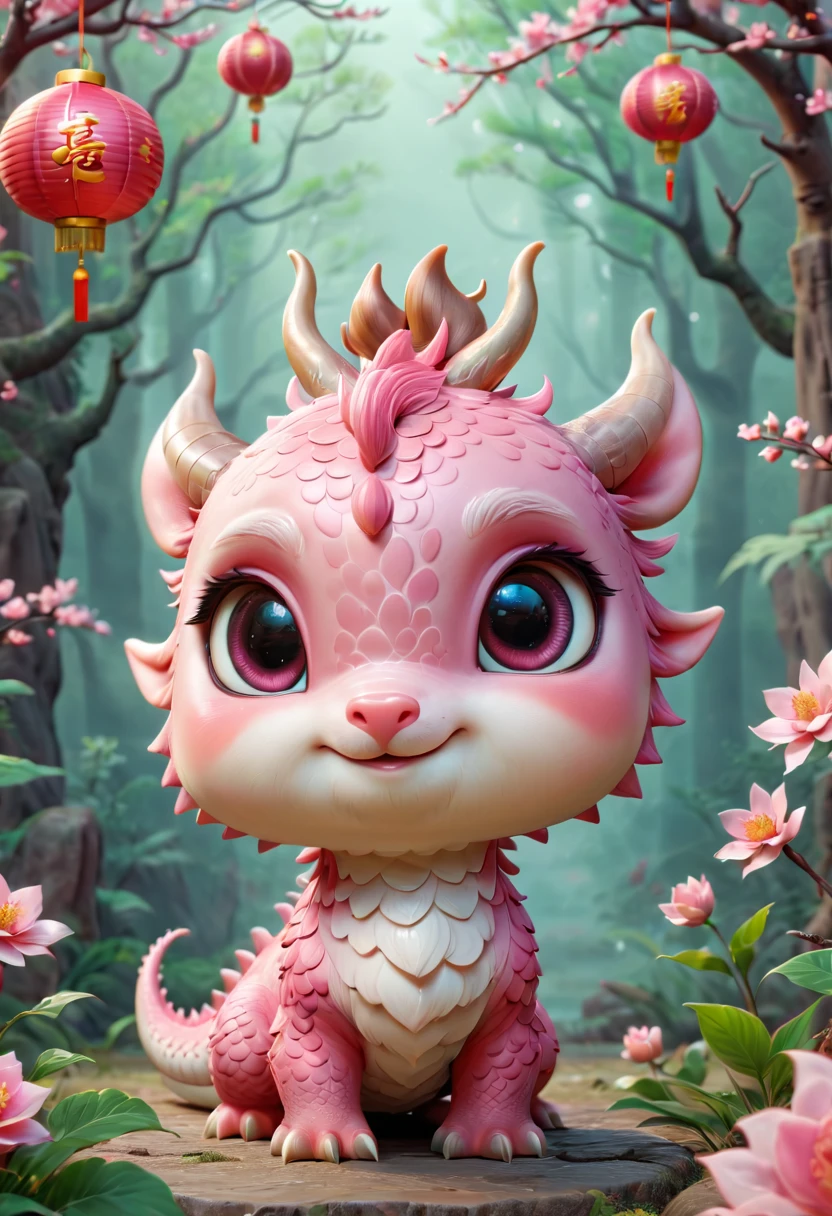 Q version,Cute little dragon,Chinese style,pink space,festive atmosphere,Spring Festival,Lovely antlers,Chinese elements,Cartoon,Cute pet,Lively