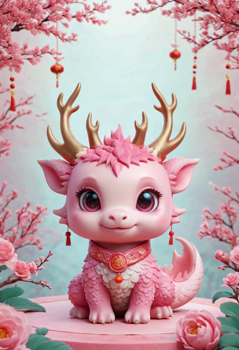 Q version，Cute little dragon，Chinese style，pink space，festive atmosphere，Spring Festival，Lovely antlers，Chinese elements，Cartoon，Cute pet，Lively