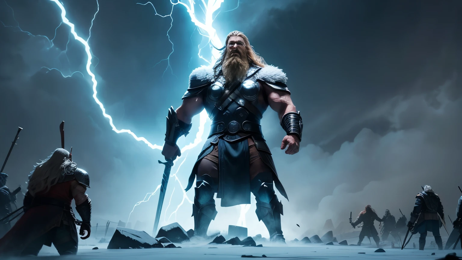 Thor, his beard ablaze with lightning, stands upon a battlefield strewn with frost giants, Mjolnir raised high for the final blow.