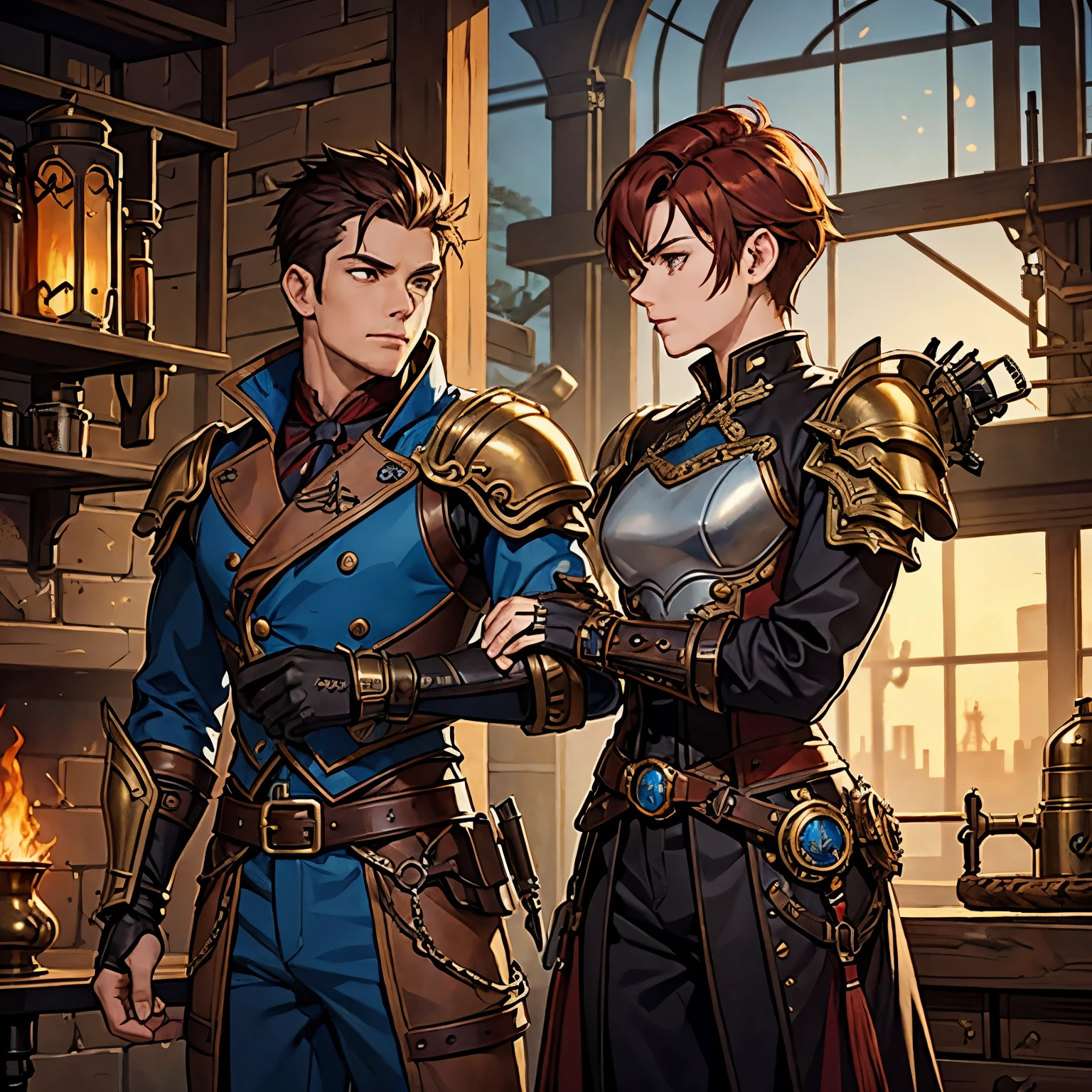 Male with medium dark red hair spiked up, strong features, wearing blue and rustic gold armor, armor is large like steampunk armor, small steam engine on back, no helmet, large steampunk sword